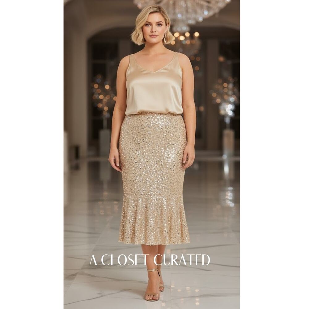 Mac Duggal Sequin Tea Length Skirt XL Gold NWT Style 10844